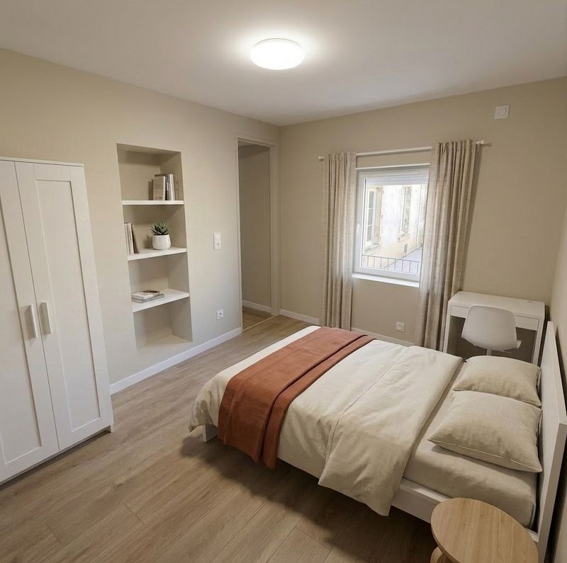 Chambre fermée — lit double, armoire, bureau et étagères — Logement 5 — T2 32 m²